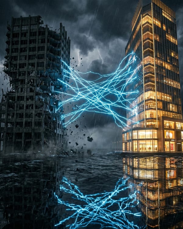 Crumbling ad agency tower vs gleaming retail skyscraper, electric AI disruption between them.