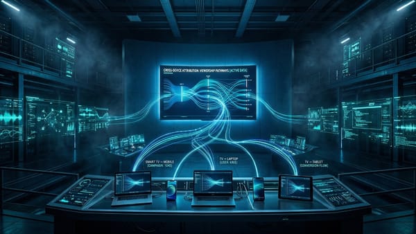 Glowing data streams connect a smart TV to multiple devices in a dark control room.