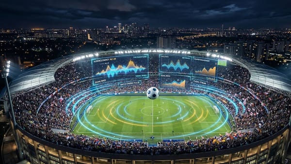 Stadium glowing at night with holographic data streams and a soccer ball above the pitch.