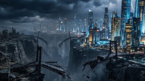 App economy divide: thriving towers vs. crumbling ruins as the subscription middle class collapses.