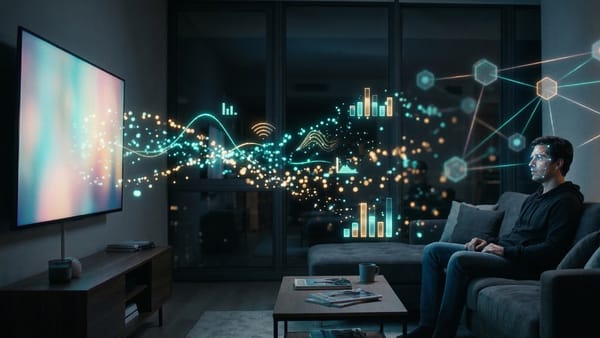 Person watching TV with real-time CTV attention data signals flowing toward programmatic ad system.