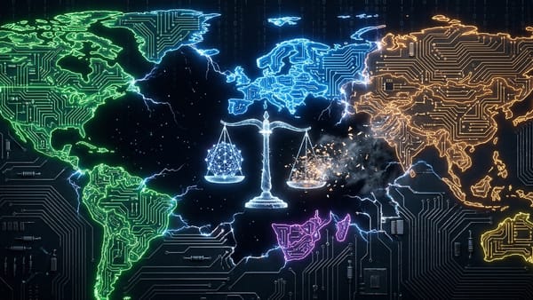 World map circuit board with legal scales weighing AI neural network against fragmented data.