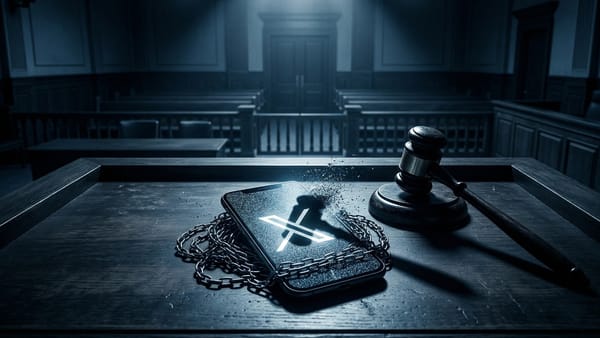 Gavel strikes chained phone displaying X logo in empty courtroom, symbolizing AI content ban.