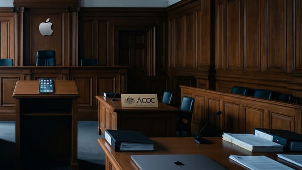 Australian federal courtroom with Apple logo, iPhone, and ACCC placard on legal tables.