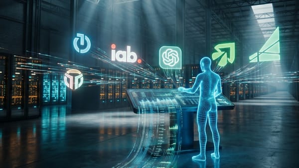 AI agent at programmatic console with IAB, ChatGPT and ad tech logos in server hall.