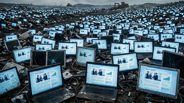 Hundreds of identical AI-generated webpages dumped in a landfill under a grey sky.