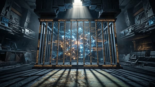 Neural network trapped behind legal bars, Colorado map below, constitutional text visible.