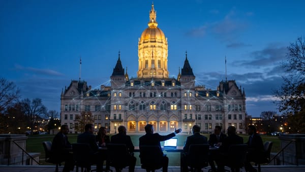 Connecticut Senate legislators debate AI bill at night outside the State Capitol in Hartford