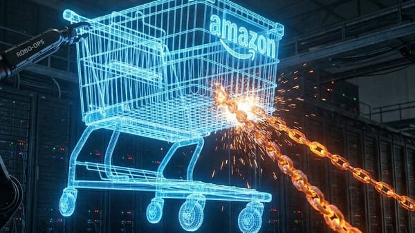 Digital shopping cart under tension between AI robotic arm and chains inside Amazon server room