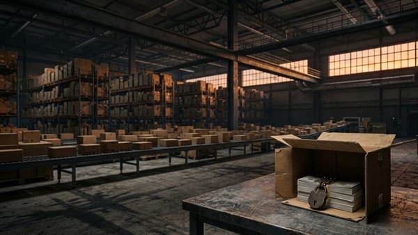 Amazon warehouse with locked cash box on steel table, ad costs deducted from seller proceeds