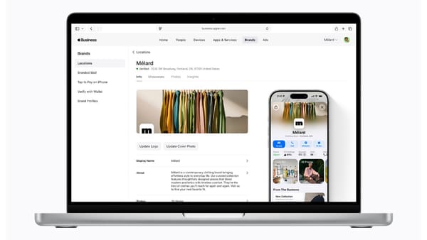 Apple Business dashboard showing brand location management and Maps place card on iPhone.