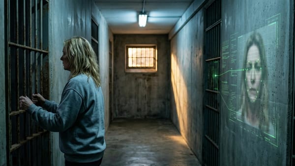 Woman holds jail bars as AI facial recognition scan glows on the wall beside her.