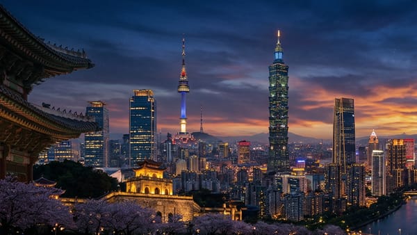 Asian city skyline at dusk blending Seoul and Taipei landmarks for AI regulation article