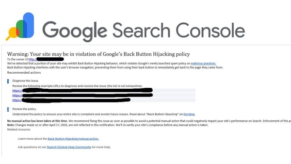 Google starts sending Search Console warnings for back button hijacking