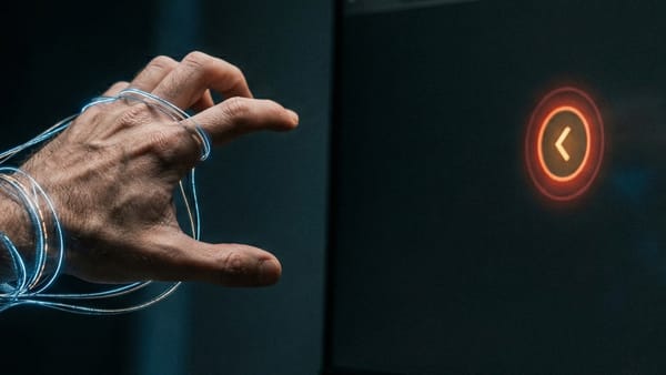 Browser back button glowing red while digital wires trap a hand trying to navigate away.