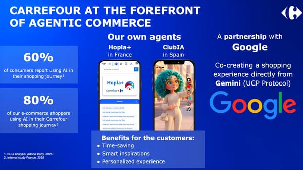 Carrefour Hopla+ and ClubIA AI shopping agents alongside Google Gemini UCP partnership slide