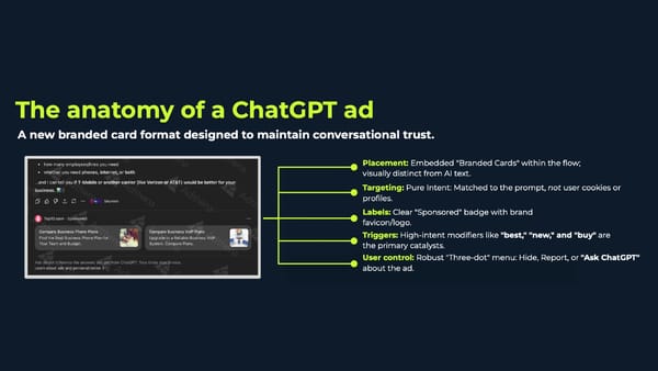ChatGPT branded card ad format showing sponsored placement and targeting in a conversation