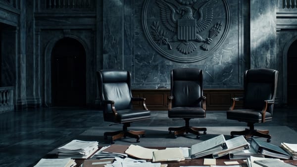 Three empty executive chairs face a federal seal as legal documents scatter the floor.