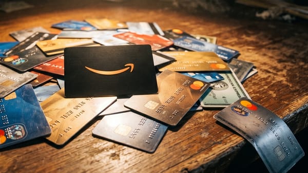 Amazon black card with smile logo dominates scattered credit cards on worn wooden desk.