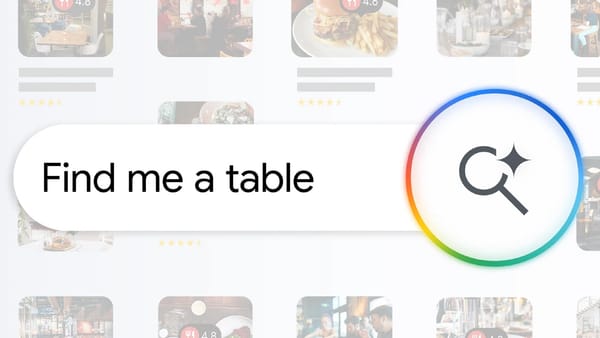 Google AI Mode search interface showing restaurant results for a natural language booking query, UK