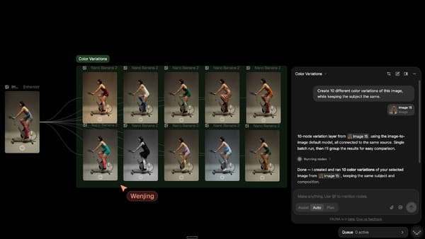 FLORA's FAUNA canvas showing 10 color variations generated by Nano Banana 2 in a single batch run.