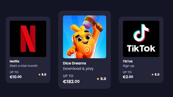 Freecash offer wall showing Netflix, Dice Dreams and TikTok tasks with euro rewards up to €182