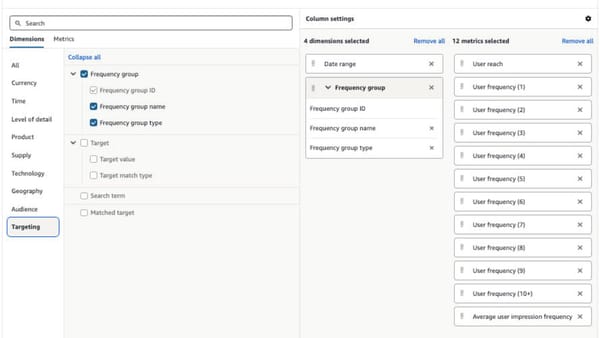 Amazon Ads reach and frequency report builder showing frequency group dimensions and user metrics.