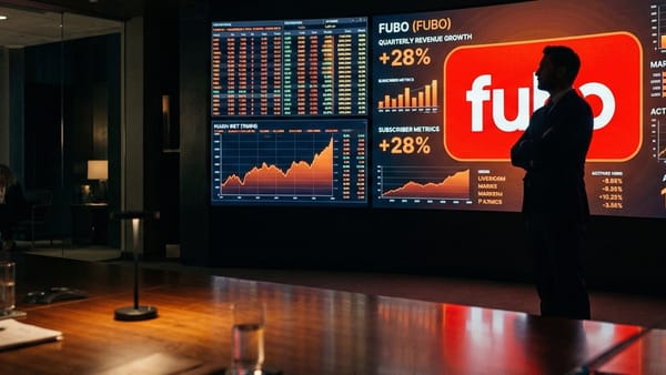 Fubo CEO reviews financial targets on screens showing EBITDA growth projections