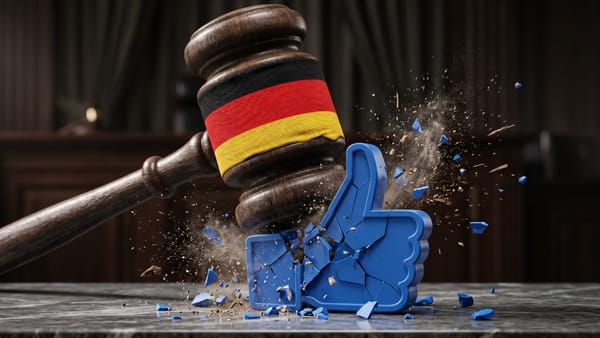 German gavel with flag crushes Meta like icon, symbolizing OLG Dresden GDPR ruling