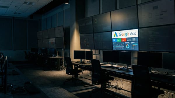 Google Ads Performance Planner dashboard in dark operations room, screens showing campaign data.