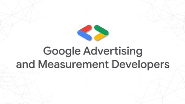Google Advertising and Measurement Developers hub logo with code background, April 2026.