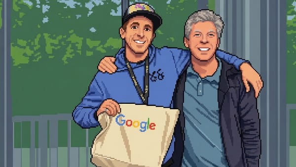 Two men posing together at Google HQ, one holding a Google tote bag, pixel art style.