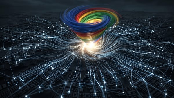 Google-colored vortex pulls web traffic from publisher network nodes into a central AI core.