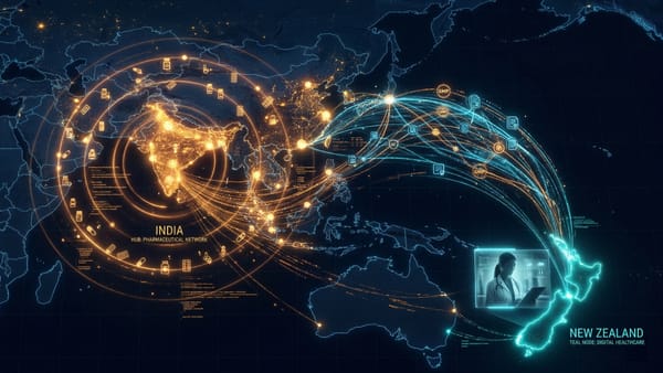 Digital map linking India pharmacy network and New Zealand telehealth via Google Ads certification.