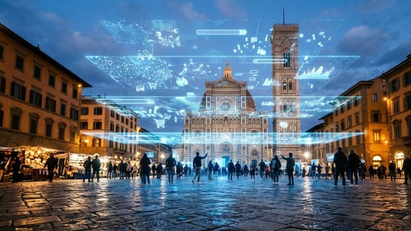 Italian piazza at dusk with holographic AI search layers over classical architecture.