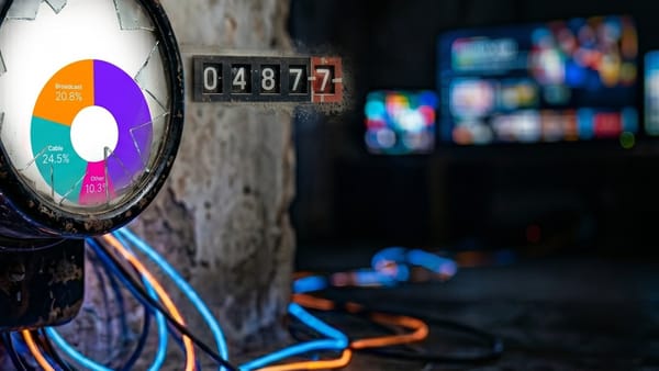 Cracked meter with broadcast pie chart, glowing cables, streaming screens in background.