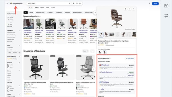 Google Shopping tab showing sponsored stores panel with Office Depot and eBay listings, office chairs