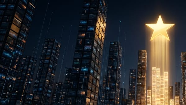 Golden star illuminates a digital news skyline, representing Google preferred sources in Search.