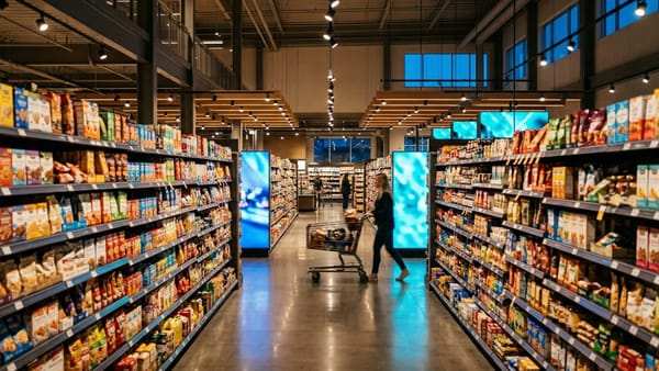 Shopper with cart walks past in-store digital screens in a supermarket aisle at dusk.