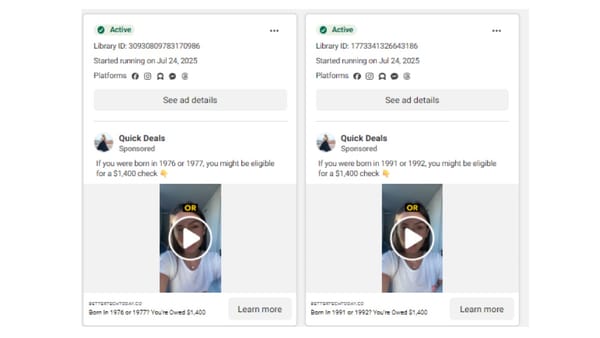 Two active Facebook scam ads targeting birth years 1976-1977 and 1991-1992 with fake $1,400 checks