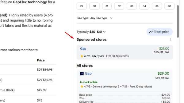 Sponsored stores ad unit in Google AI Mode showing Gap at $29, 51% off, above organic listings.