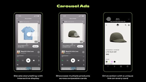 Spotify Carousel Ads showing swipeable product cards in the Now Playing view on mobile.