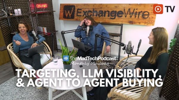 Three ad tech professionals recording the MadTech Podcast mailbag on LLM visibility and agentic buying.