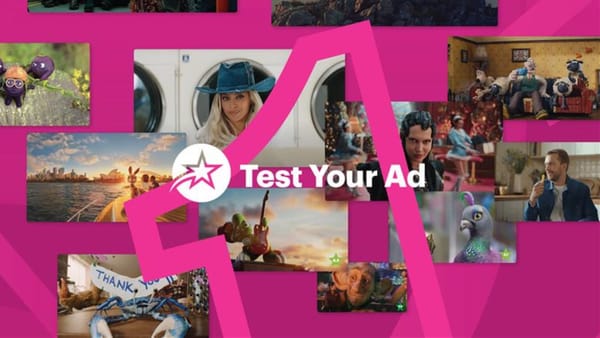 System1 Test Your Ad platform logo on magenta background with ad creative collage