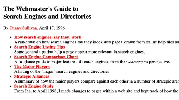Danny Sullivan's 1996 Webmaster's Guide to Search Engines and Directories homepage