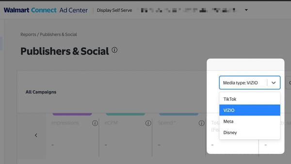 VIZIO selected in Walmart Connect Ad Center's Publishers & Social media type dropdown beta.