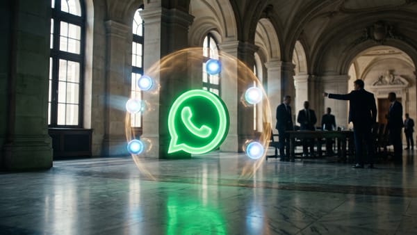 WhatsApp logo blocked by regulatory barrier as EU officials debate AI antitrust case in Brussels