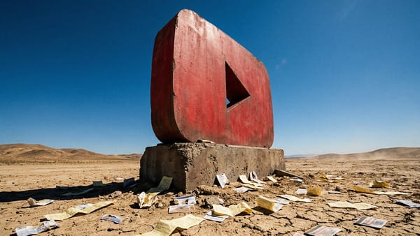 YouTube Play button monument in a desert surrounded by cancelled subscription receipts.