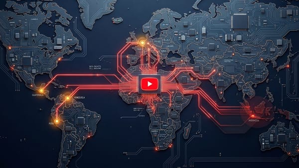 World map circuit board with YouTube logo connecting Belgium, Latin America, and Indonesia.