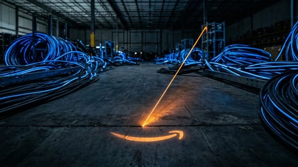A single amber thread meets the Amazon smile on a dark warehouse floor, dwarfed by blue cables.